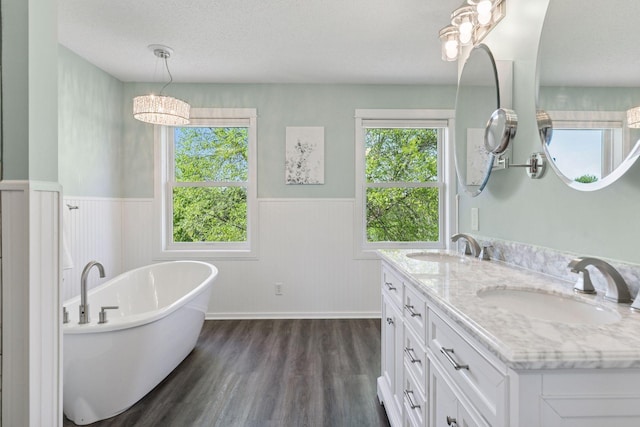 bathroom featuring a wainscoted wall, wood finished floors, a freestanding tub, double vanity, and a chandelier