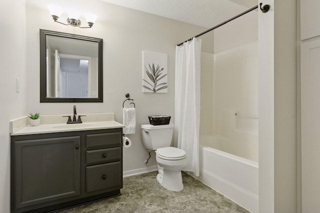 full bath with toilet, vanity, shower / bath combo, and baseboards