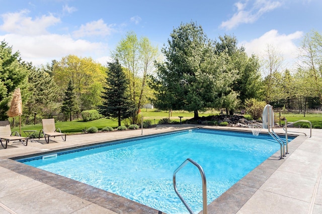 outdoor pool featuring a patio area and view of scattered trees