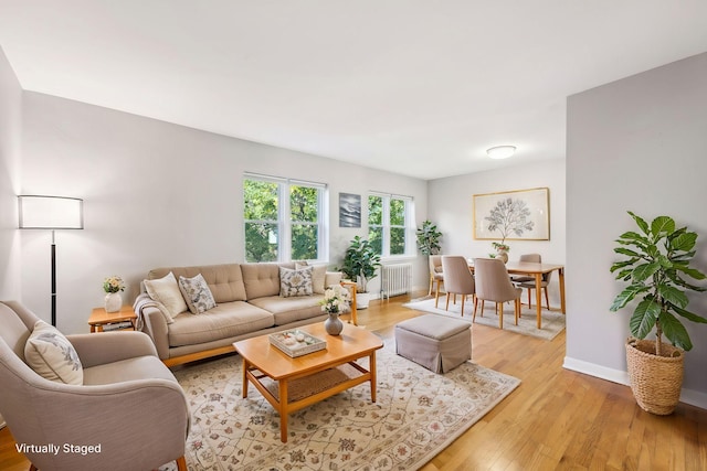 living room with radiator and light wood-type flooring