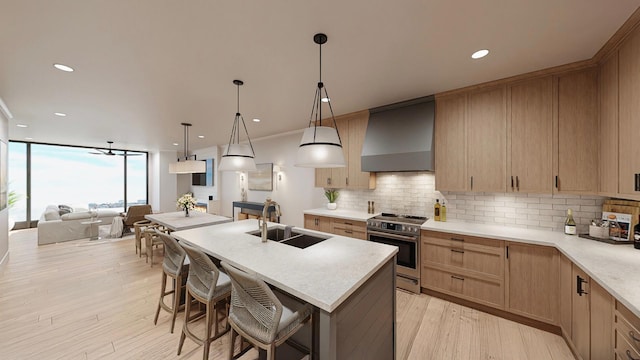 kitchen with wall chimney exhaust hood, stainless steel stove, sink, and light wood-type flooring