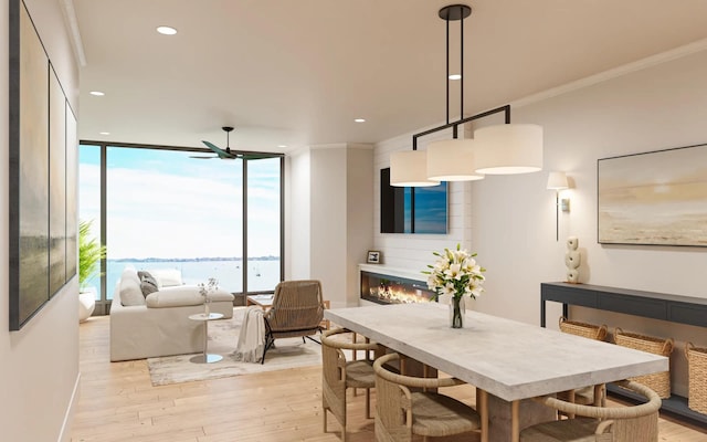 dining space with a water view, ceiling fan, a wall of windows, light hardwood / wood-style flooring, and ornamental molding