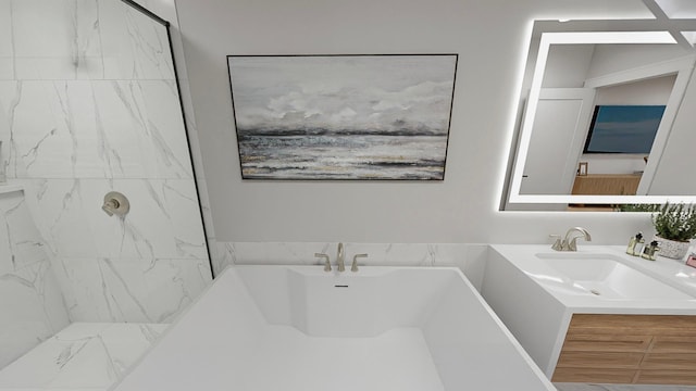 bathroom featuring vanity and a tile shower