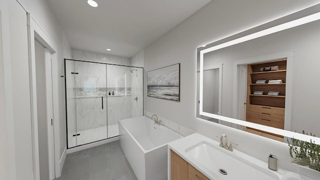 bathroom featuring vanity and plus walk in shower