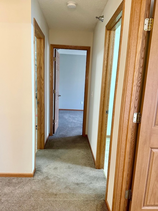 corridor with a textured ceiling and carpet floors