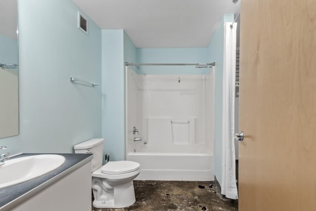 full bathroom featuring vanity, toilet, concrete flooring, and tub / shower combination