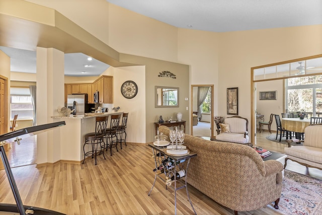 living room with light hardwood / wood-style flooring, plenty of natural light, and high vaulted ceiling