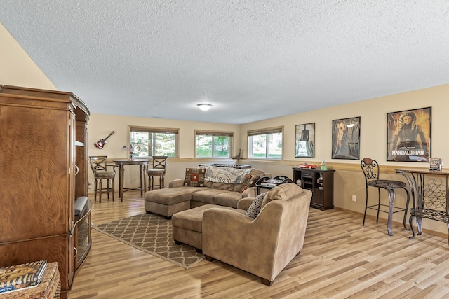 living room featuring a textured ceiling and light hardwood / wood-style flooring