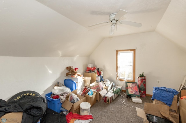 bonus room featuring ceiling fan, carpet flooring, and vaulted ceiling