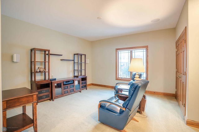 living area featuring light colored carpet