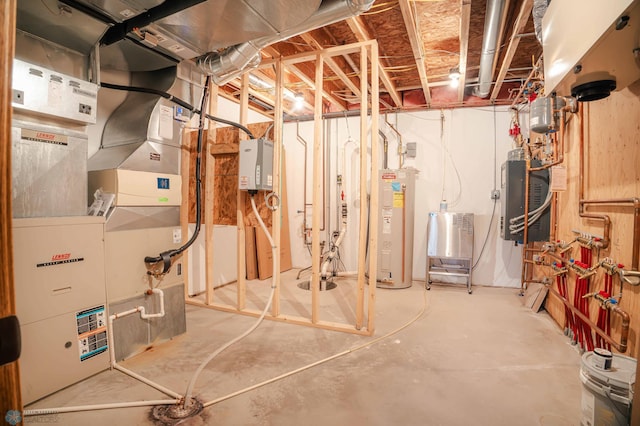 basement with electric water heater and heating unit