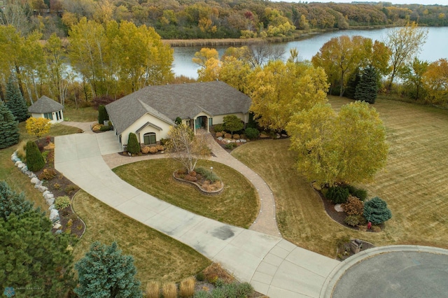 bird's eye view with a water view