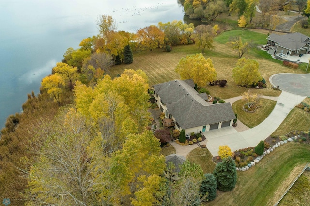 drone / aerial view with a water view