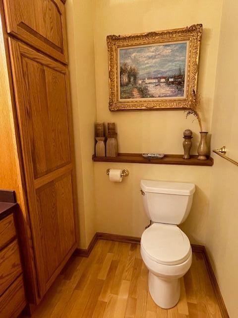 bathroom with toilet, vanity, and hardwood / wood-style floors