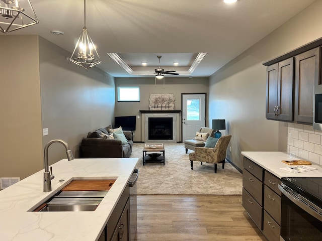3112 Bassett Dr, Mankato, MN 56001 - kitchen with a sink, stainless steel appliances, light wood-type flooring, a fireplace, and a raised ceiling