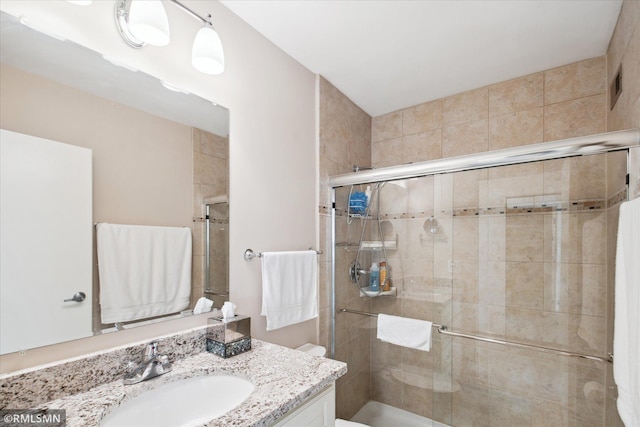 2928 Dean Pkwy Unit 2J, Minneapolis, MN 55416 - bathroom featuring visible vents, a stall shower, toilet, and vanity