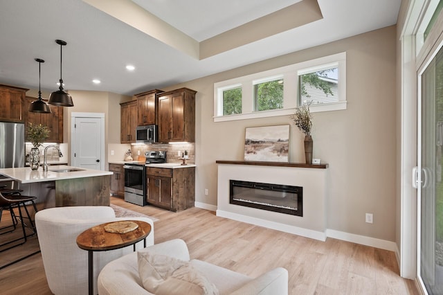 interior space with light hardwood / wood-style floors, a tray ceiling, and sink