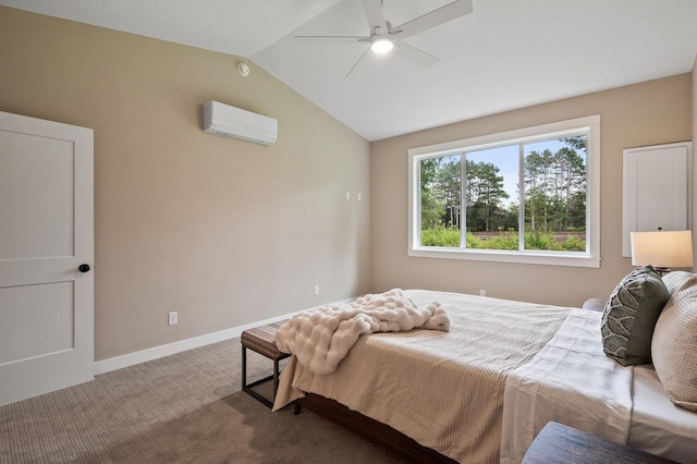 carpeted bedroom with lofted ceiling, a wall unit AC, and ceiling fan