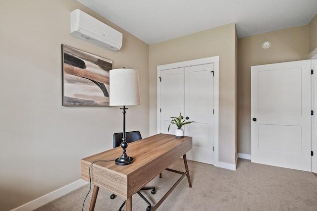 office area featuring a wall mounted AC and light colored carpet