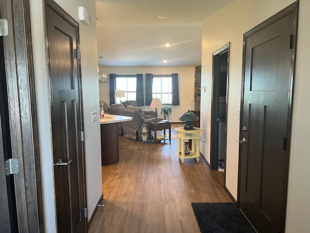 hallway with dark hardwood / wood-style floors