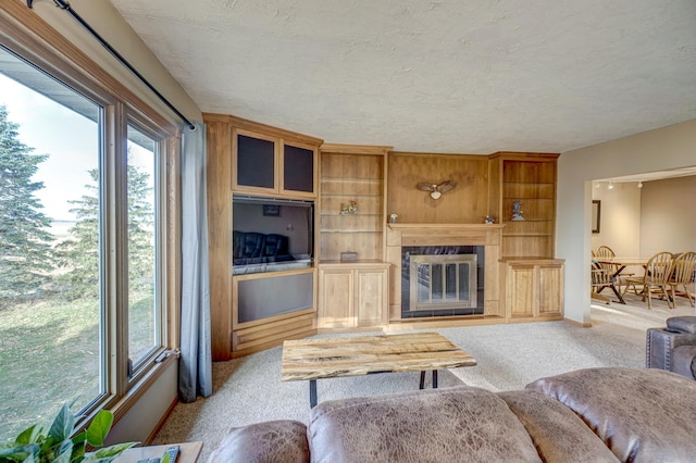 living area with a tiled fireplace, plenty of natural light, carpet flooring, and a textured ceiling