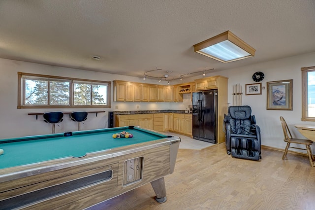 rec room with light wood finished floors, plenty of natural light, and a textured ceiling