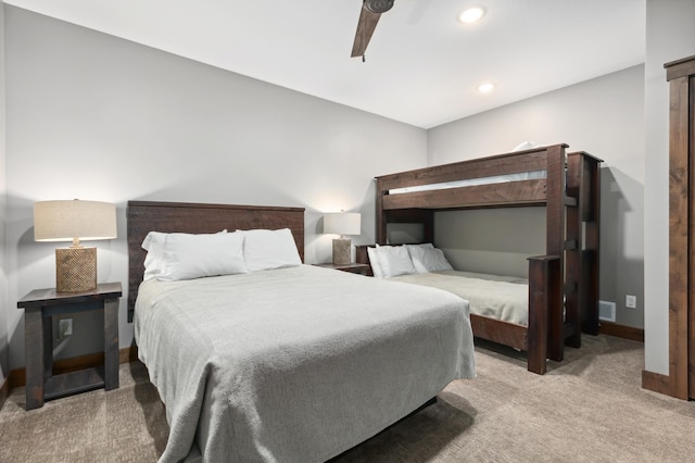 carpeted bedroom with baseboards, a ceiling fan, visible vents, and recessed lighting