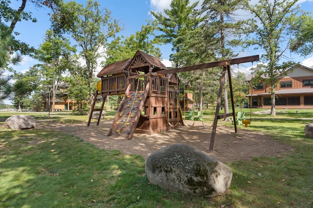 view of play area featuring a lawn