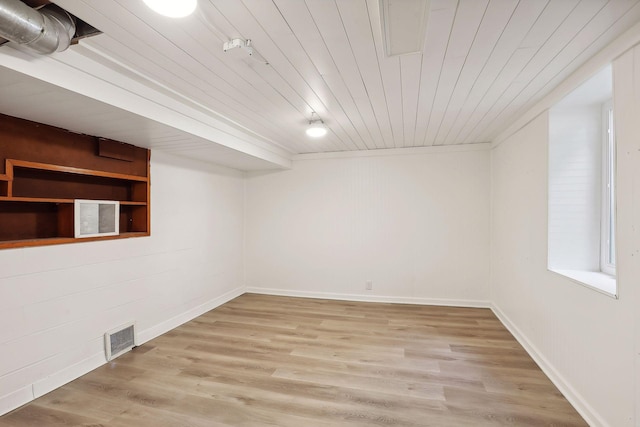 basement with light hardwood / wood-style flooring and wooden ceiling