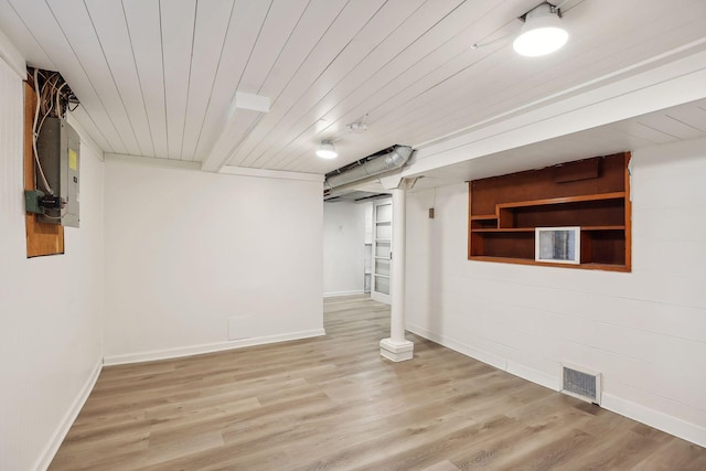 basement with light hardwood / wood-style flooring and wood ceiling