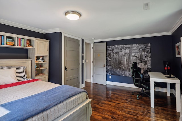 bedroom with dark hardwood / wood-style floors and ornamental molding