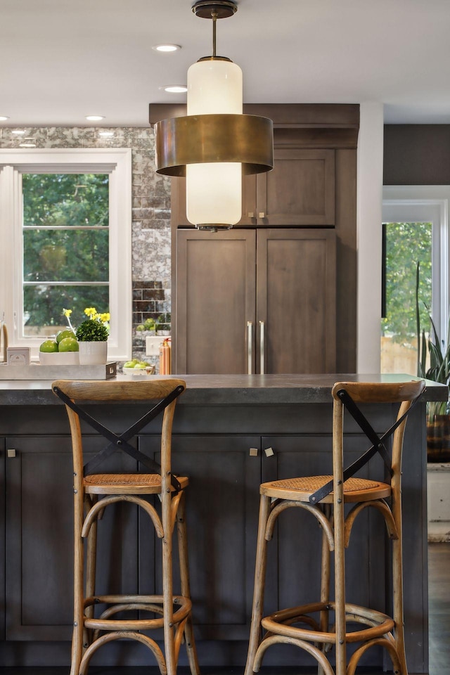 bar featuring dark brown cabinetry and dark wood-type flooring