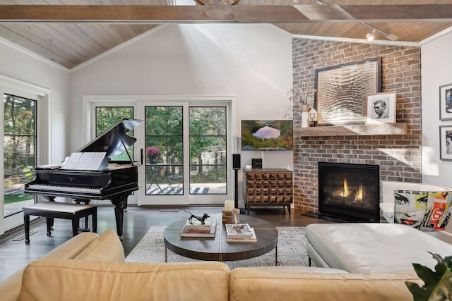 living room featuring high vaulted ceiling, beamed ceiling, wood-type flooring, a fireplace, and wood ceiling