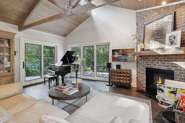 living room with beam ceiling, wooden ceiling, a brick fireplace, high vaulted ceiling, and hardwood / wood-style floors