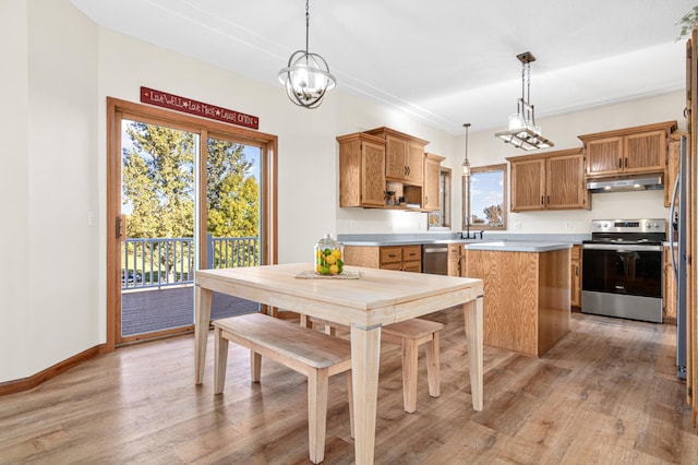 kitchen with appliances with stainless steel finishes, a center island, decorative light fixtures, and light hardwood / wood-style floors