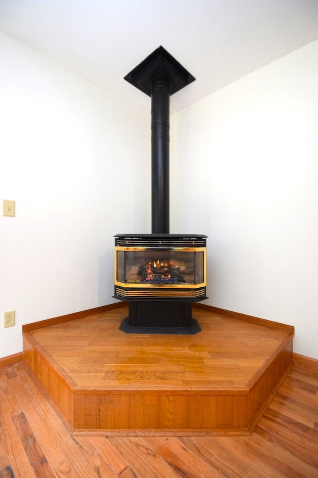 room details featuring a wood stove, wood finished floors, and baseboards