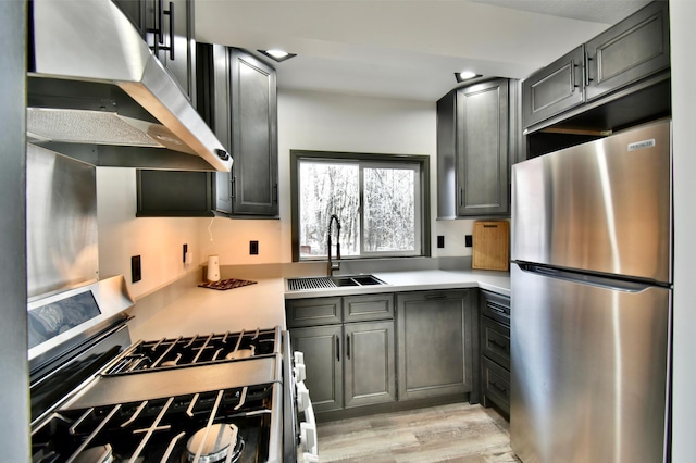 kitchen with sink, appliances with stainless steel finishes, exhaust hood, and light wood-type flooring