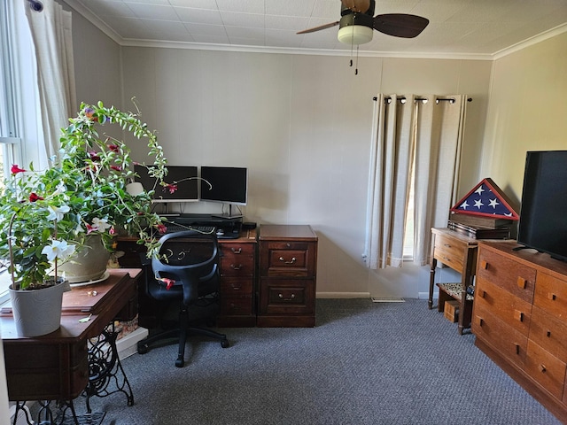 carpeted home office with crown molding and ceiling fan