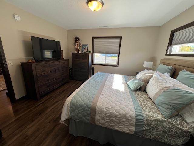 bedroom with dark wood-type flooring and multiple windows