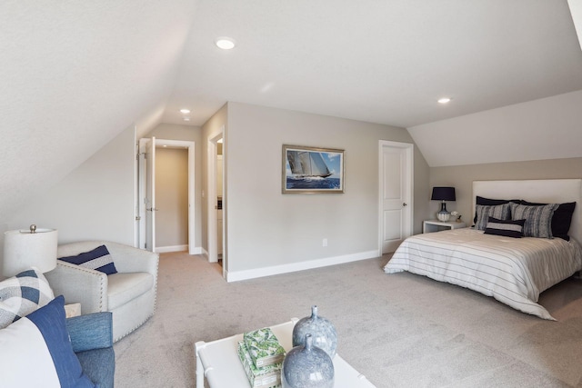bedroom with carpet, vaulted ceiling, baseboards, and recessed lighting