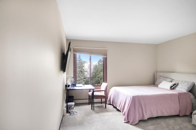 bedroom with light carpet and a baseboard radiator