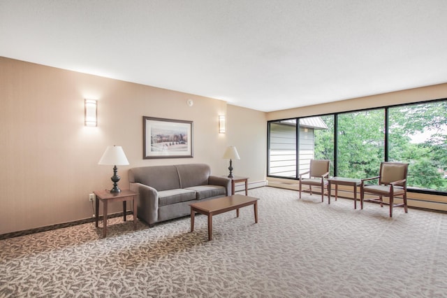 living room featuring carpet floors and baseboard heating