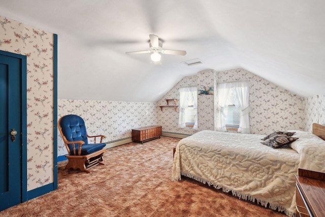 bedroom featuring carpet floors, ceiling fan, a baseboard heating unit, and vaulted ceiling