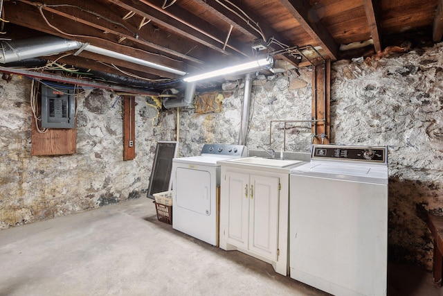 laundry area featuring electric panel and washer and clothes dryer