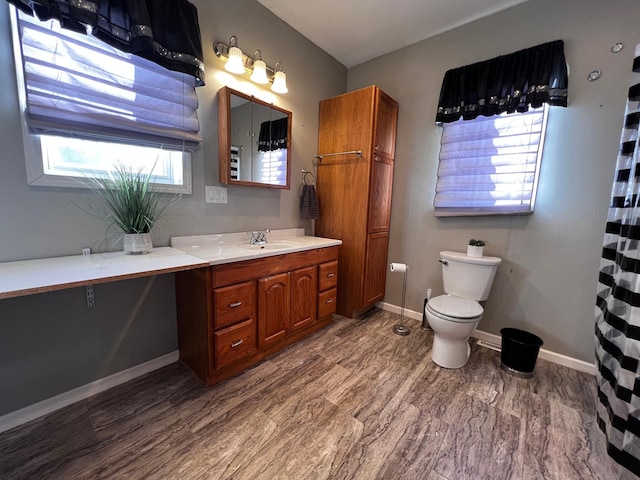 bathroom with hardwood / wood-style floors, vanity, and toilet