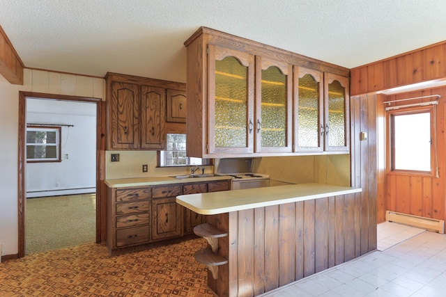 kitchen with wood walls, a baseboard heating unit, and kitchen peninsula