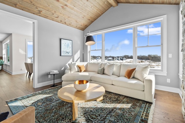 living area with baseboards, lofted ceiling with beams, hardwood / wood-style flooring, and wooden ceiling