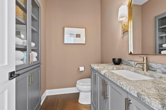 half bathroom featuring baseboards, wood finished floors, toilet, and vanity