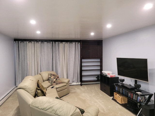 carpeted living room with a baseboard radiator