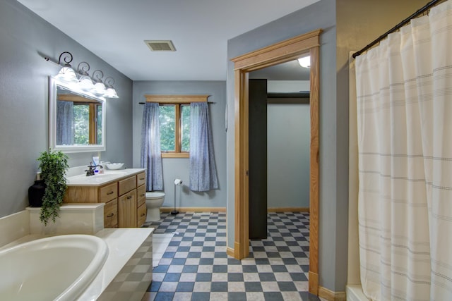 full bathroom with separate shower and tub, vanity, and toilet